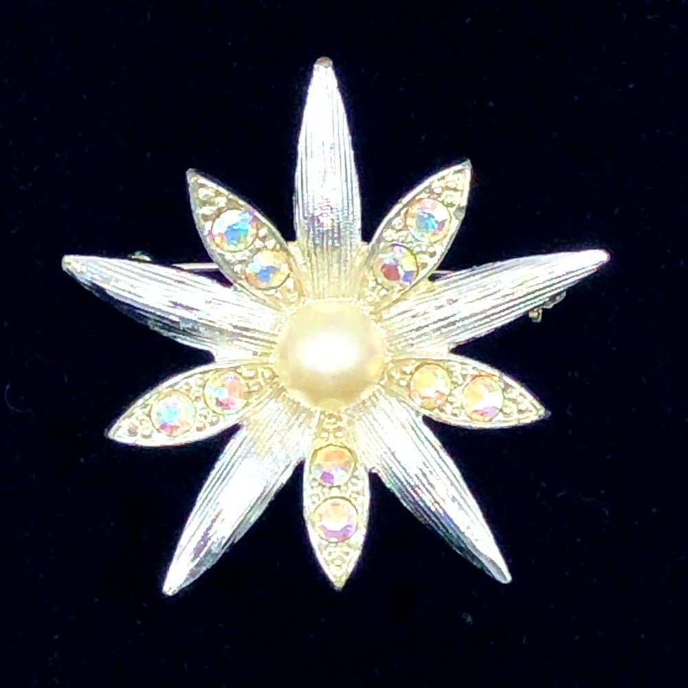 Emmons Signed Vintage Brooch Flower AB Crystal Aurora Borealis Rhinestones